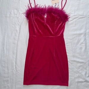Revolve Superdown Fuchsia Feather-Trim Velvet Mini Dress